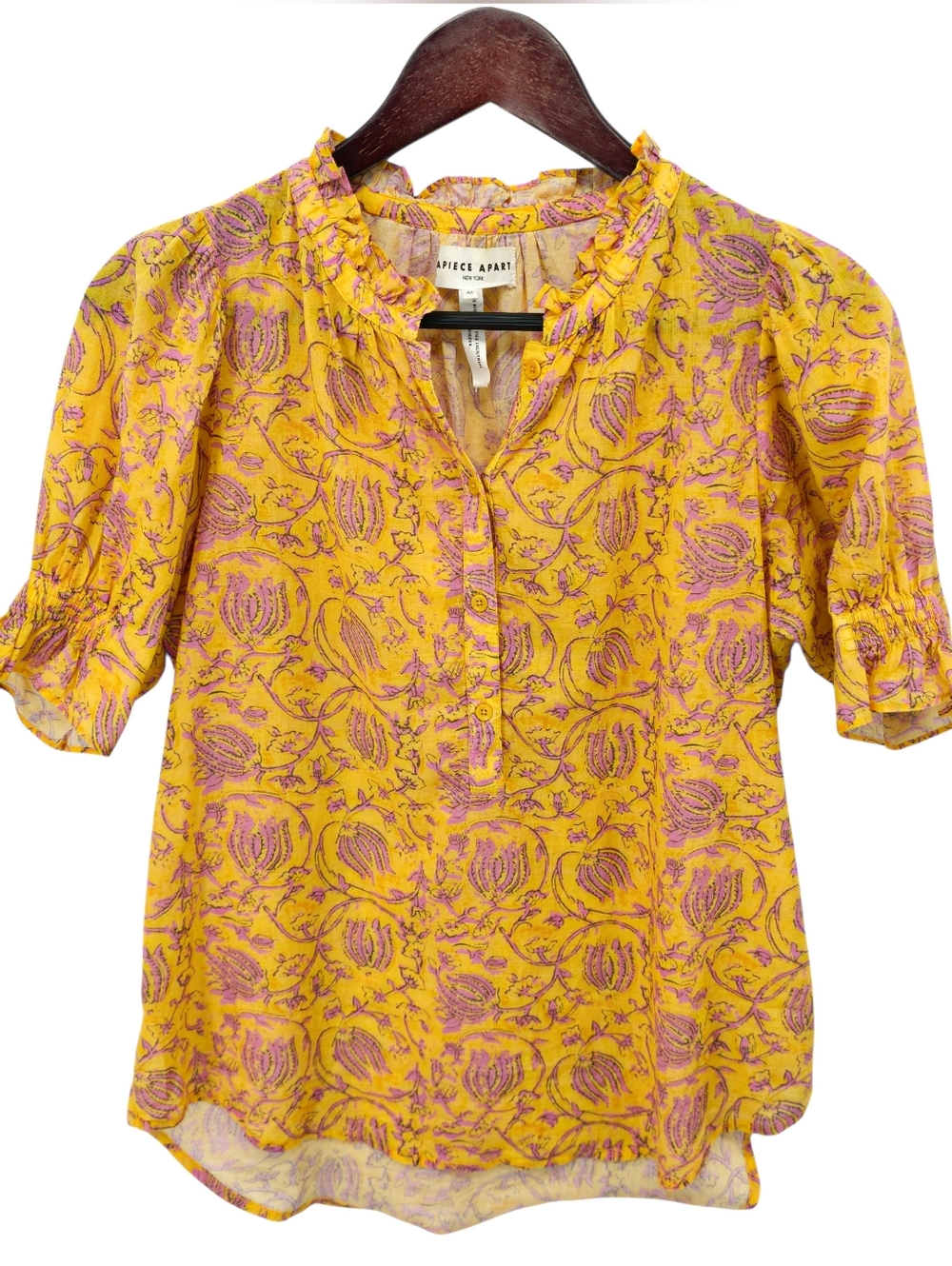Apiece Apart Organic Cotton Block Print Blouse Yellow Pink Ruffle Neck Boho XS